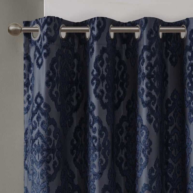 SUNSMART Sun Smart Mirage 100% Total Blackout Window Single Curtain, Knitted Jacquard Damask Room Darkening Curtain Panel with Grommet Top 50 x 84 in, Navy - Image 5